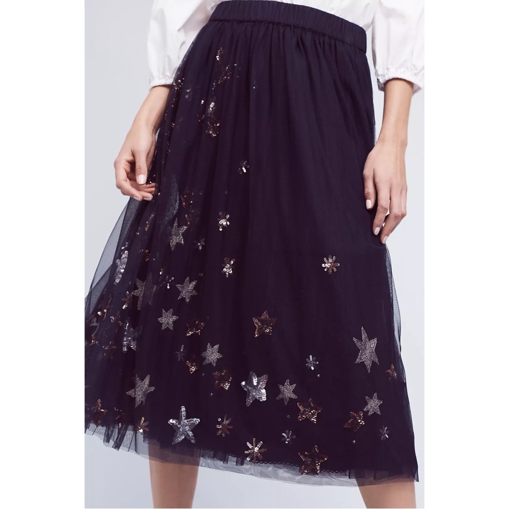 ANTHROPOLOGIE Moulinette Souers Navy Blue Sequin Moon & Stars Tulle Midi Skirt